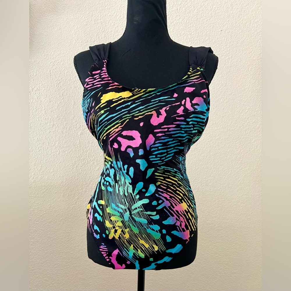 Vintage 80s Robby Len Swim Fashions High Cut Multicolor One Piece Swimsuit 8-10